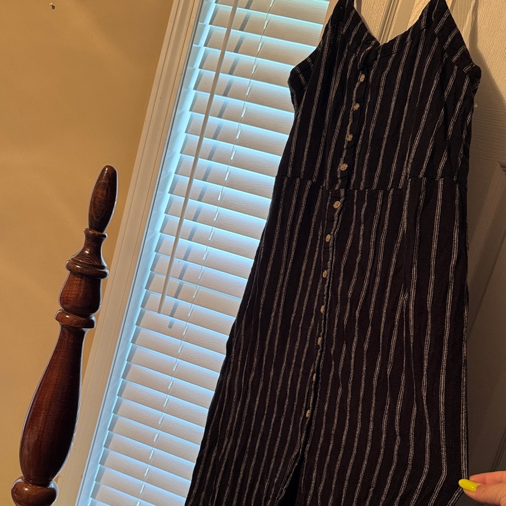 Striped Button-Front Black Dress